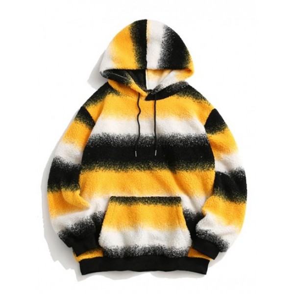 Front Pocket Colorblock Fleece Stripes Teddy Hoodie