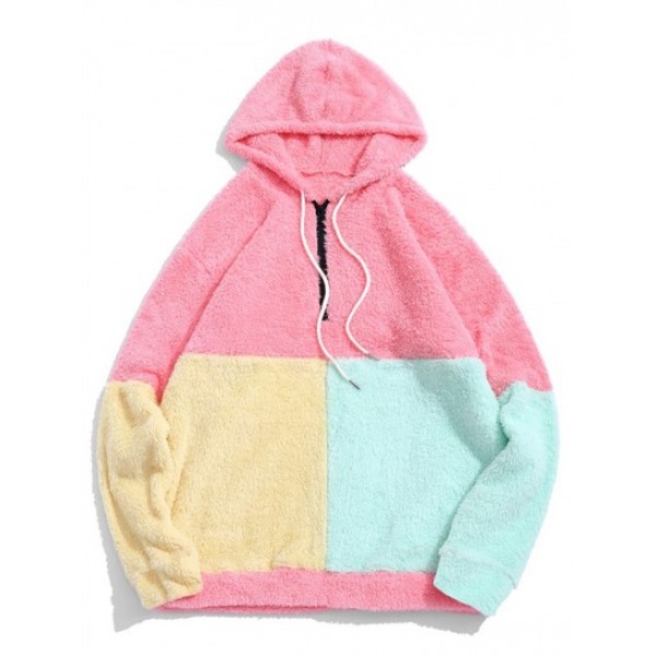 Color-blocking Splicing Half Zipper Fuzzy Hoodie