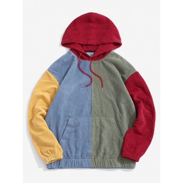 Vintage Corduroy Color Blocking Two Tone Patchwork Hoodie