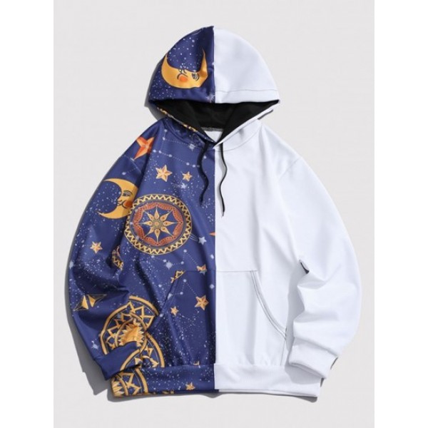 Kangaroo Pocket Moon Star Print Contrast Hoodie