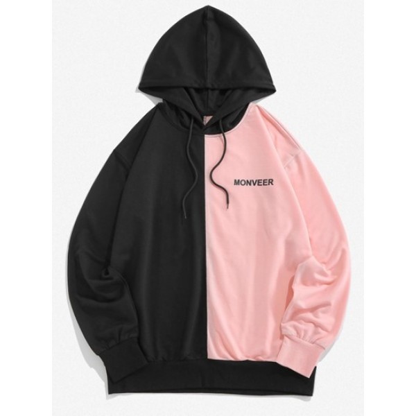 Letters Print Drawstring Contrast Hoodie