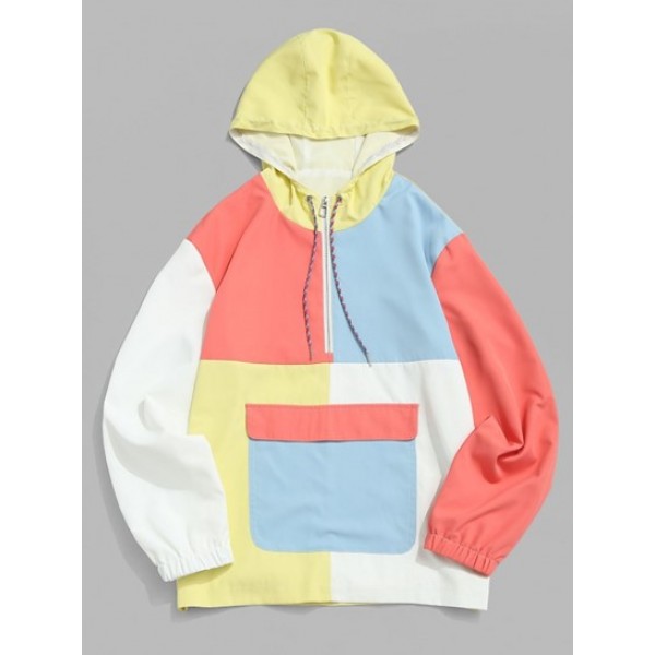 Colorblock Panel Half Zipper Windbreaker Hoodie