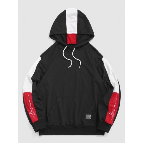 Letters Embroidered Color Block Hoodie