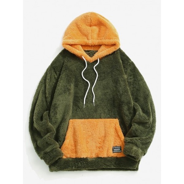 Colorblock Kangaroo Pocket Fluffy Hoodie