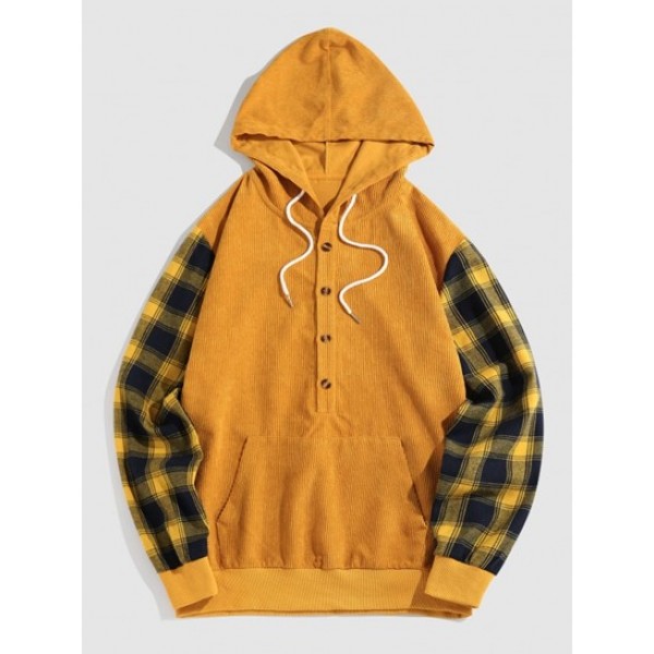 Streetwear Half Button Plaid Sleeve Hoodie