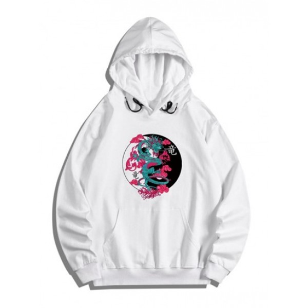 Kangaroo Pocket Dragon Print Fleece Graphic Hoodie