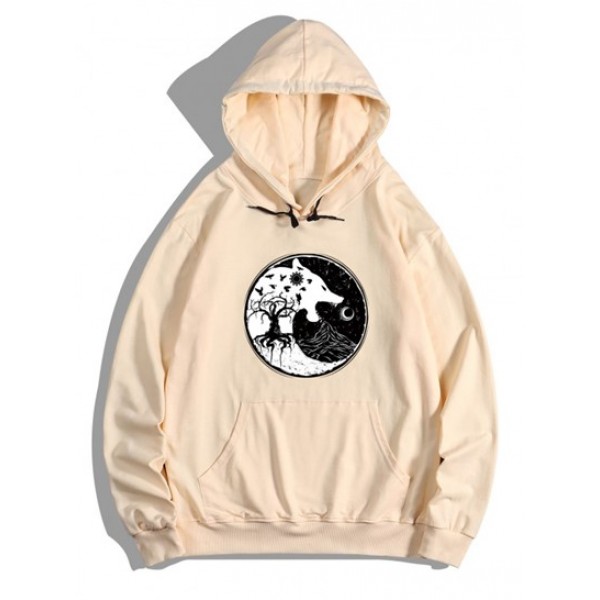 Tree Wolf Print Front Pocket Fleece Hood...