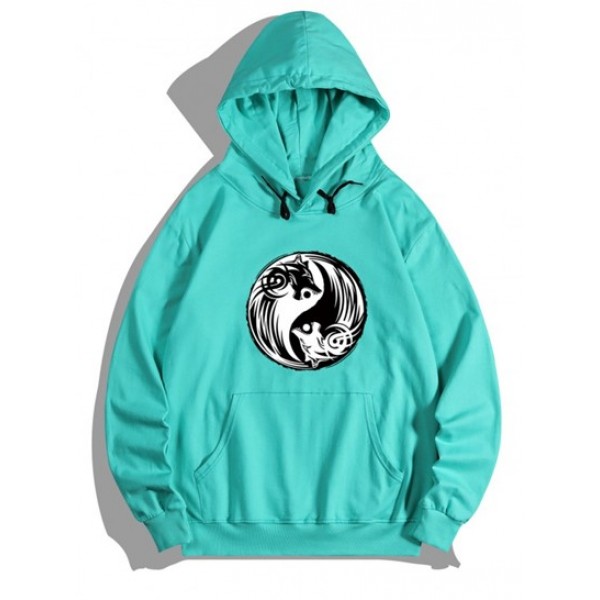 Graphic Bagua Wolf Print Kangaroo Pocket Fleece Hoodie