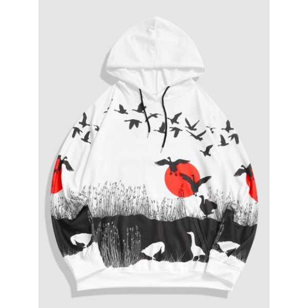 Sun Birds Print Kangaroo Pocket Chinese Hoodie