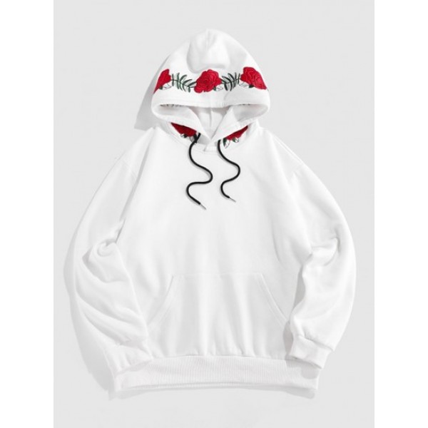 Rose Flower Embroidered Front Pocket Hoodie