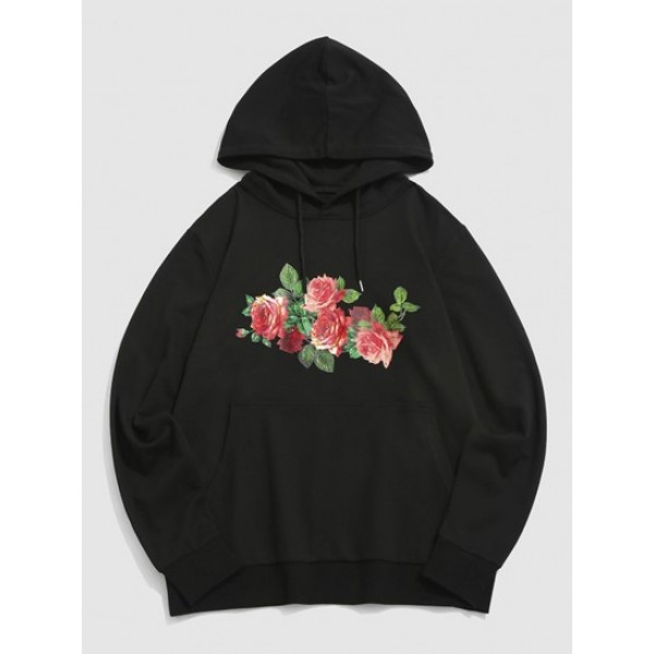 Streetwear Rose Flowers Print Front Pocket Graphic Hoodie