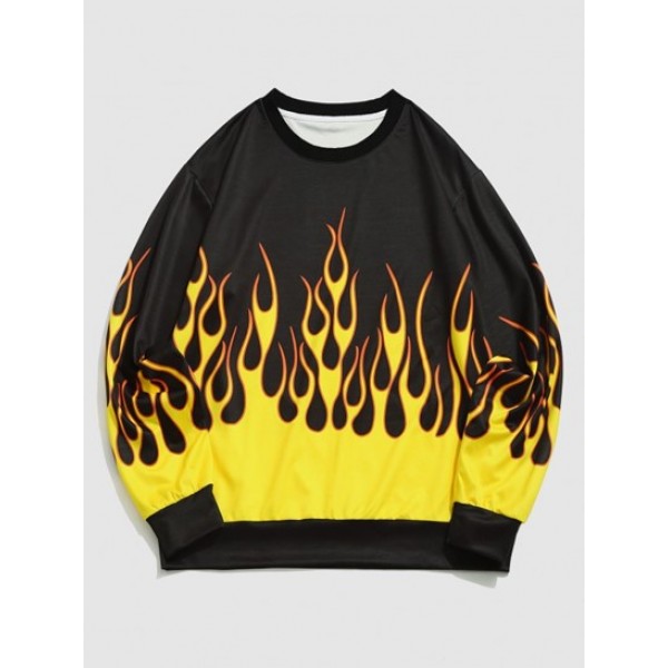 Streetwear Contrast Flame Print Pullover...