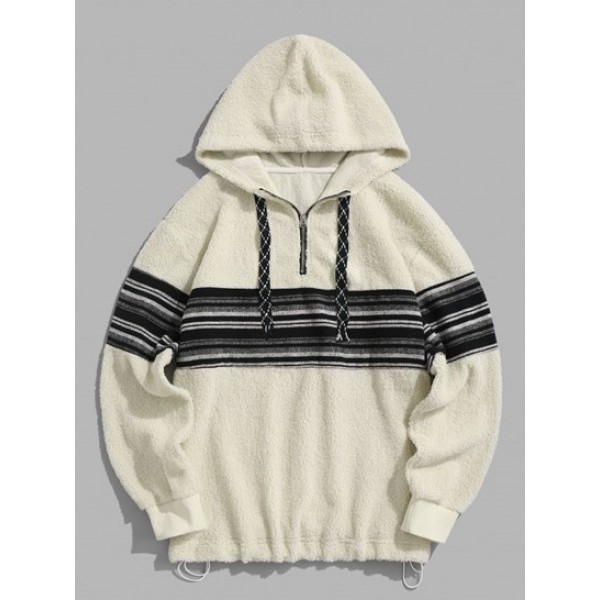 Striped Quarter Zip Fluffy Teddy Faux Fur Vintage Hoodie