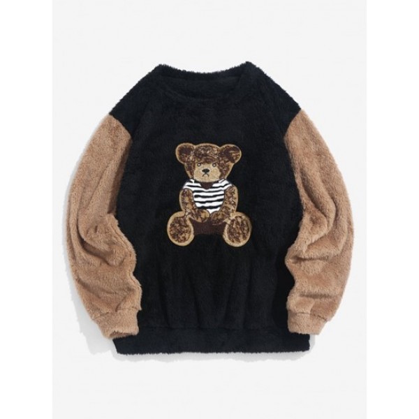 Two Tone Colorblock Bear Terry Embroidered Fluffy Faux Fur Sweatshirt