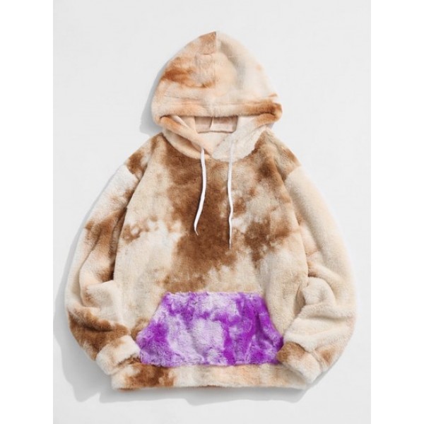 Contrast Tie Dye Pattern Fleece Faux Fur Fluffy Hoodie