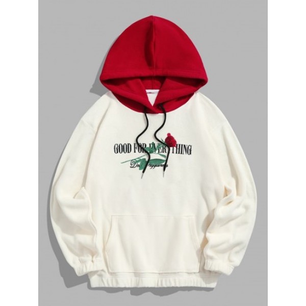 GOOD FOR EVERTHING Rose Embroidery Polar Fleece Colorblock Hoodie