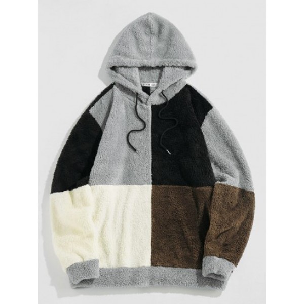 Drawstring Colorblock Fluffy Hoodie