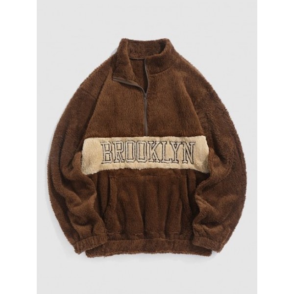 Two Tone Color BROOKLYN Embroider Half Zip Fluffy Teddy Faux Fur Sweatshirt