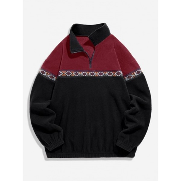 Colorblock Geometric Embroidery Fluffy Polar Fleece Sweatshirt