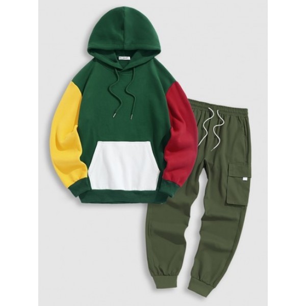 Colorblock Fluffy Fleece-lined Hoodie With Pocket Techwear Cargo Pants Set