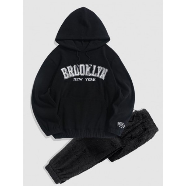 BROOKLYN Embroidered Fuzzy Fleece Essentials Hoodie And Fluffy Teddy Beam Feet Pants Faux Fur Set