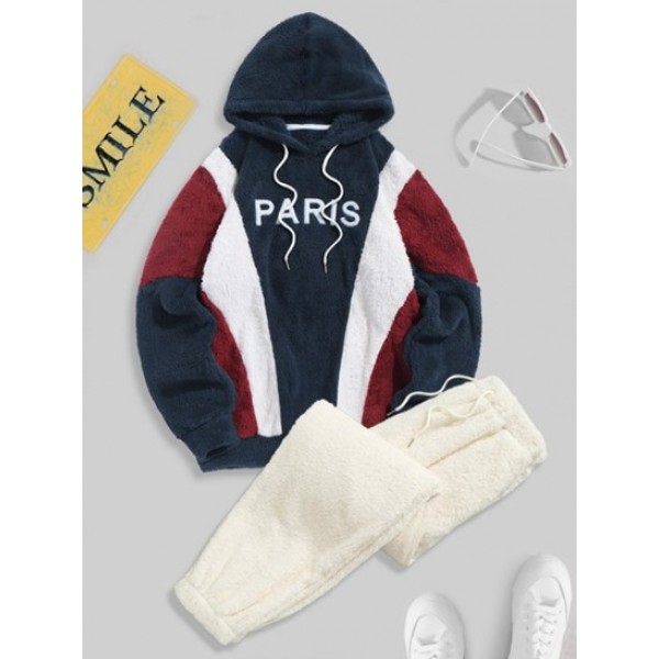 PARIS Embroidered Fuzzy Pullover Hoodie ...