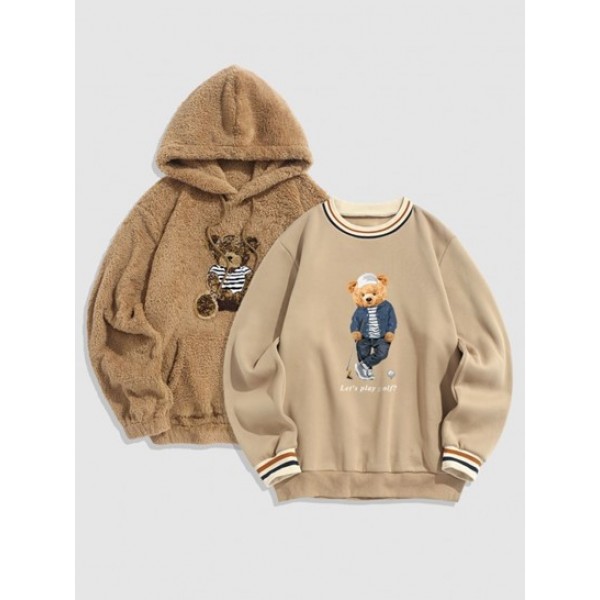 Bear Playing Golf Pattern Fleece-lined Sweatshirt With Bear Terry Embroidered Pullover Fluffy Faux Fur Teddy Hoodie Set