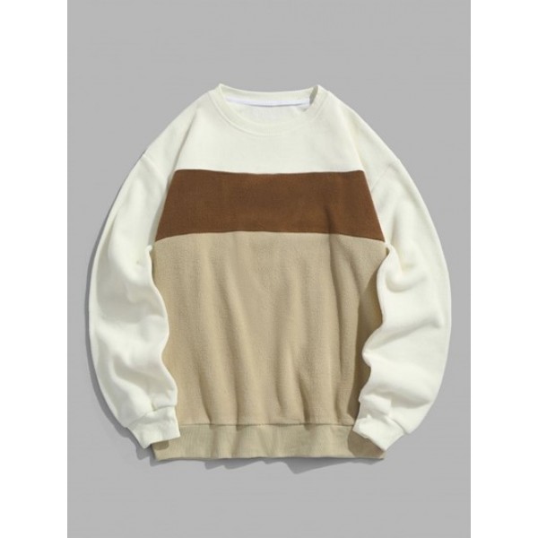 Fluffy Polar Fleece Colorblock Pullover Sweatshirt