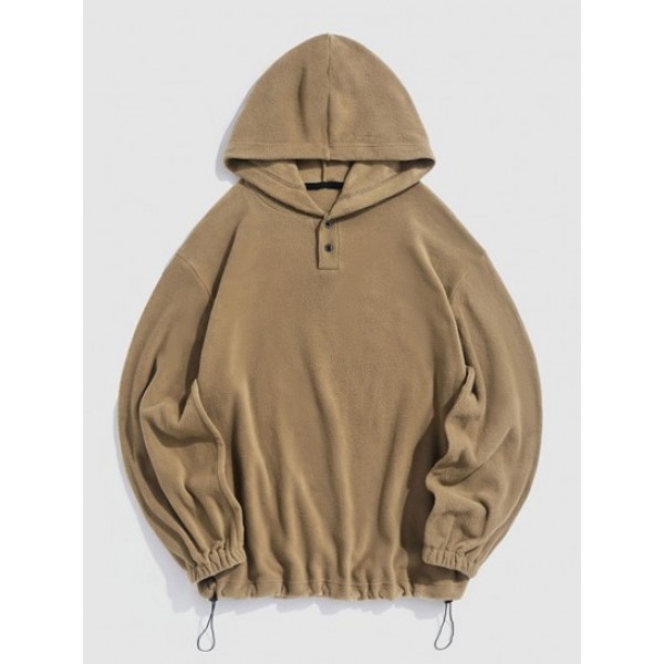 Fuzzy Polar Fleece Drawstring Hem Button Design Hoodie