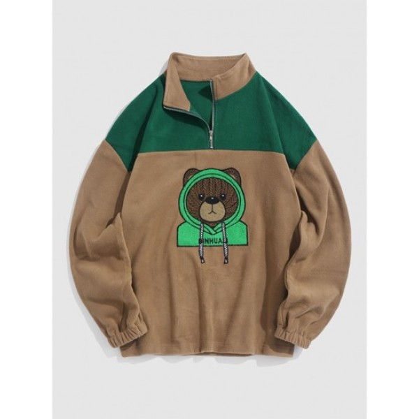 Colorblock Bear Embroidered Quarter Zip Fuzzy Polar Fleece Sweatshirt