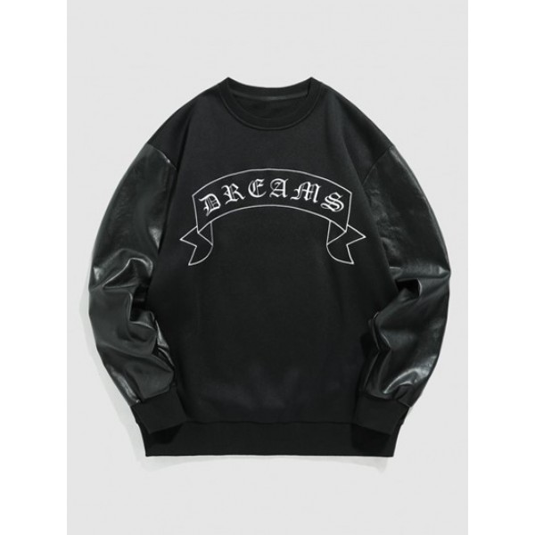 Letter Embroidery PU Leather Sleeves Fleece-lined Sweatshirt