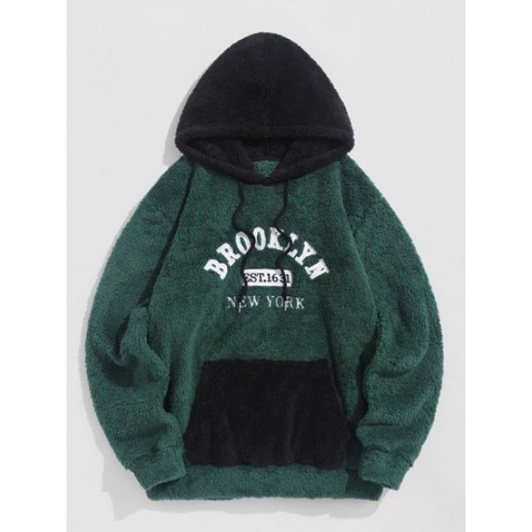 BROOKLYN Letter Embroidered Faux Fur Fluffy Teddy Hoodie