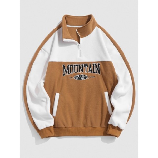 MOUNTAIN USA ALASKA Embroidered Quarter Zip Fuzzy Polar Fleece Sweatshirt