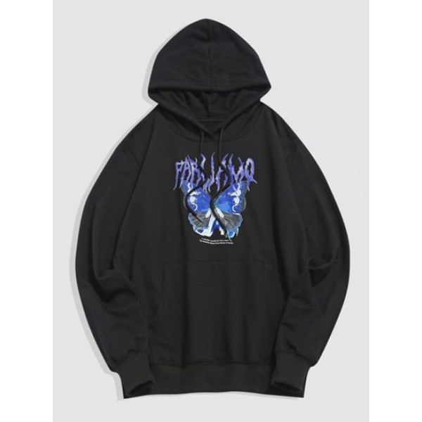 Letters Butterfly Print Front Pocket Streetwear Graphic Hoodie