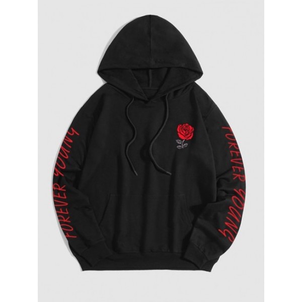 Letter And Rose Printed Pullover Hoodie