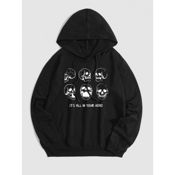 Halloween Skulls Print Front Pocket Hood...