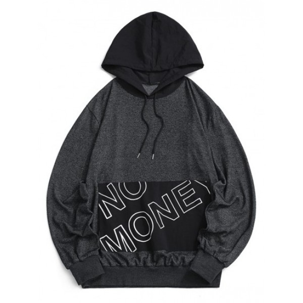 Letter Print Front Pocket Heathered Hood...