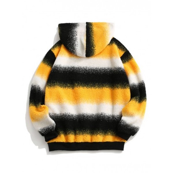 Front Pocket Colorblock Fleece Stripes Teddy Hoodie