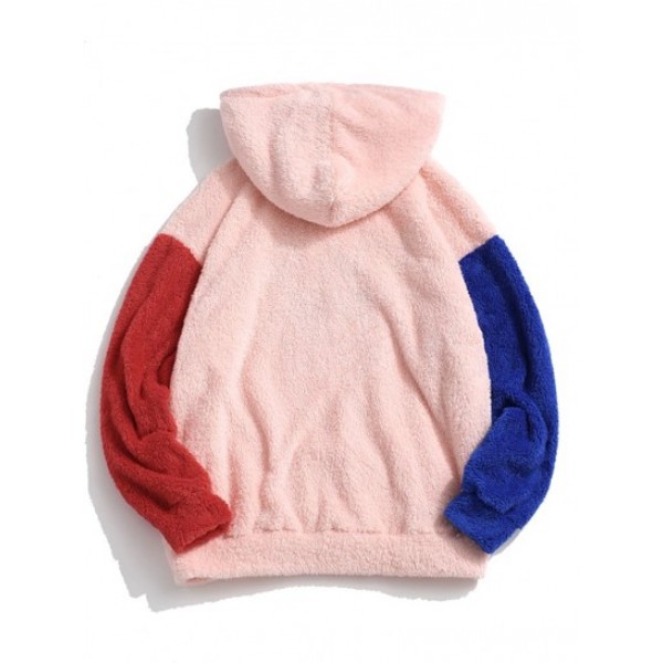 Letter Embroidered Contrast Fluffy Fleece Japanese Hoodie