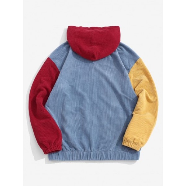 Vintage Corduroy Color Blocking Two Tone Patchwork Hoodie