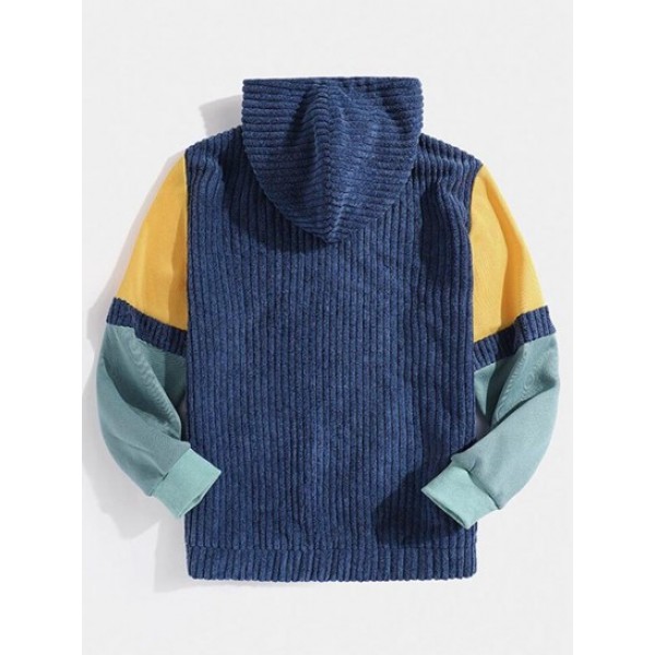 Front Pocket Colorblock Corduroy Hoodie