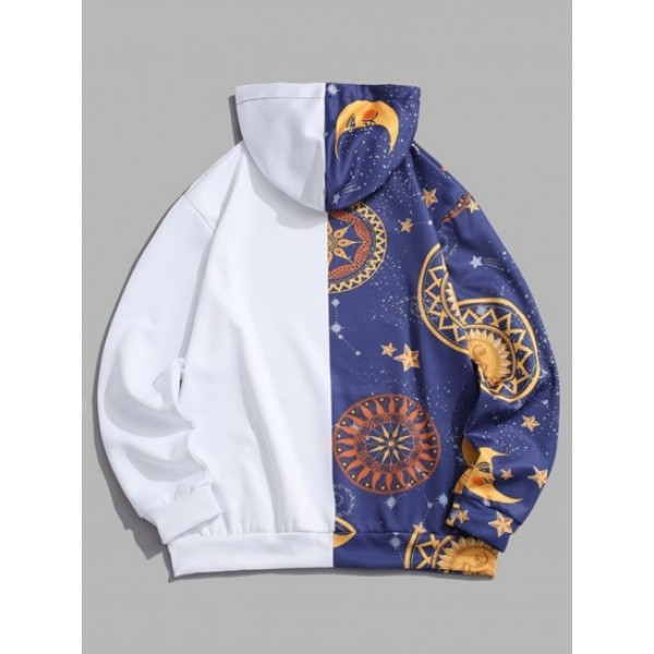 Kangaroo Pocket Moon Star Print Contrast Hoodie