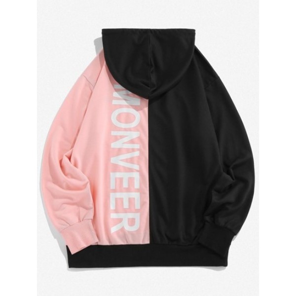 Letters Print Drawstring Contrast Hoodie