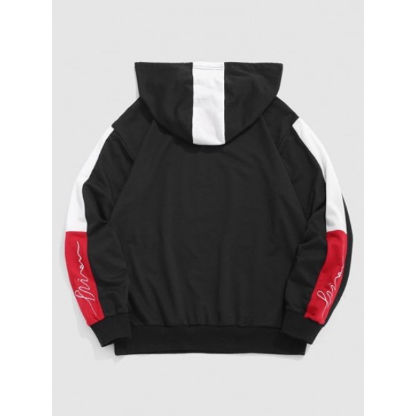 Letters Embroidered Color Block Hoodie