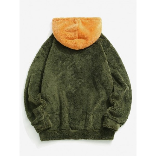 Colorblock Kangaroo Pocket Fluffy Hoodie