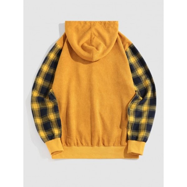 Streetwear Half Button Plaid Sleeve Hoodie