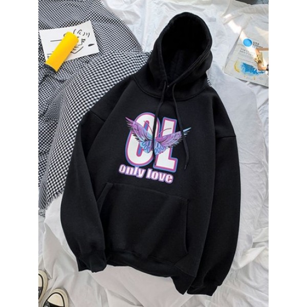 Letter Butterfly Print Front Pocket Graphic Hoodie