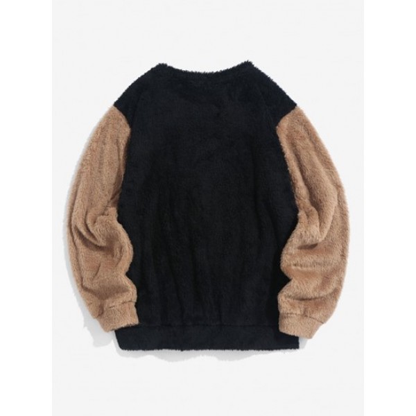 Two Tone Colorblock Bear Terry Embroidered Fluffy Faux Fur Sweatshirt