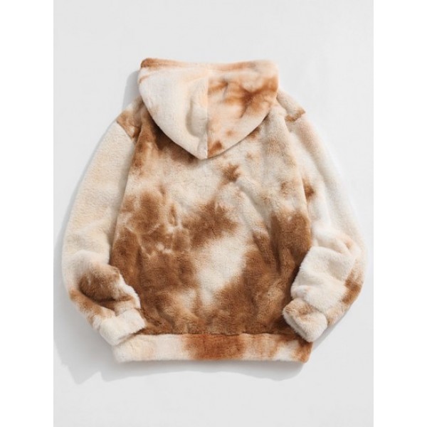 Contrast Tie Dye Pattern Fleece Faux Fur Fluffy Hoodie