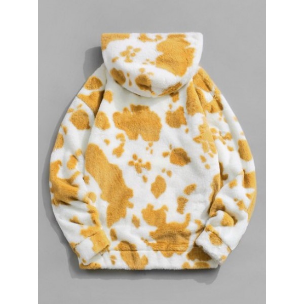 Cow Pattern Fluffy Fleece Half Zipper Hoodie